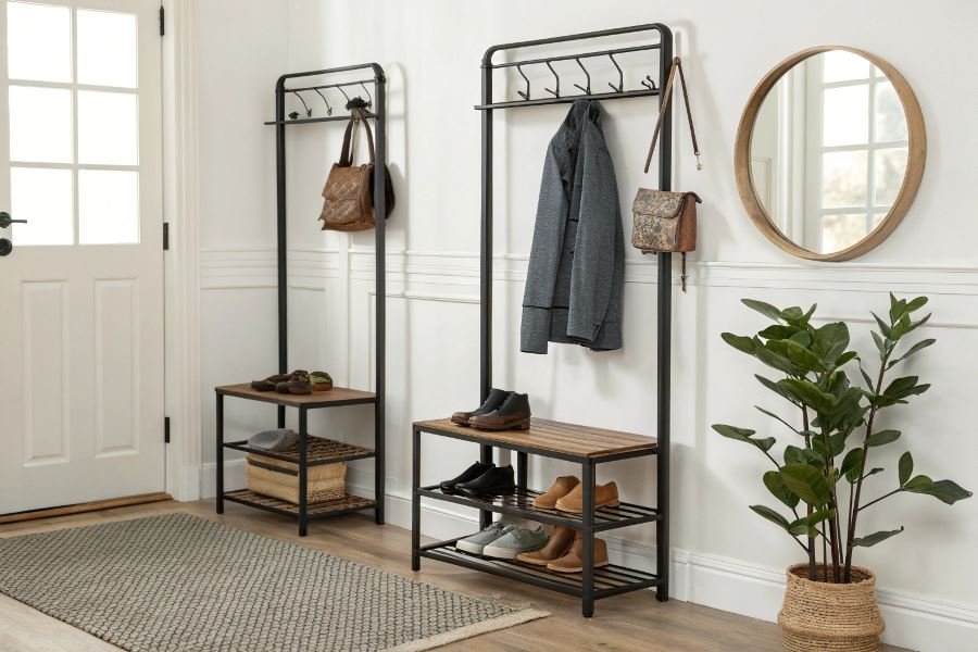 1114-functional-minimalism-floor-rack-transforms-space Топ-3 напольных вешалок с полкой для обуви: обзор моделей