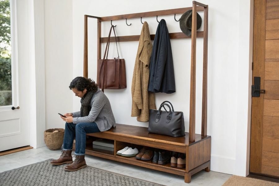 1119-functional-coat-racks-with-seating Poydevorli osma shkaflar: afzalliklari va kamchiliklari