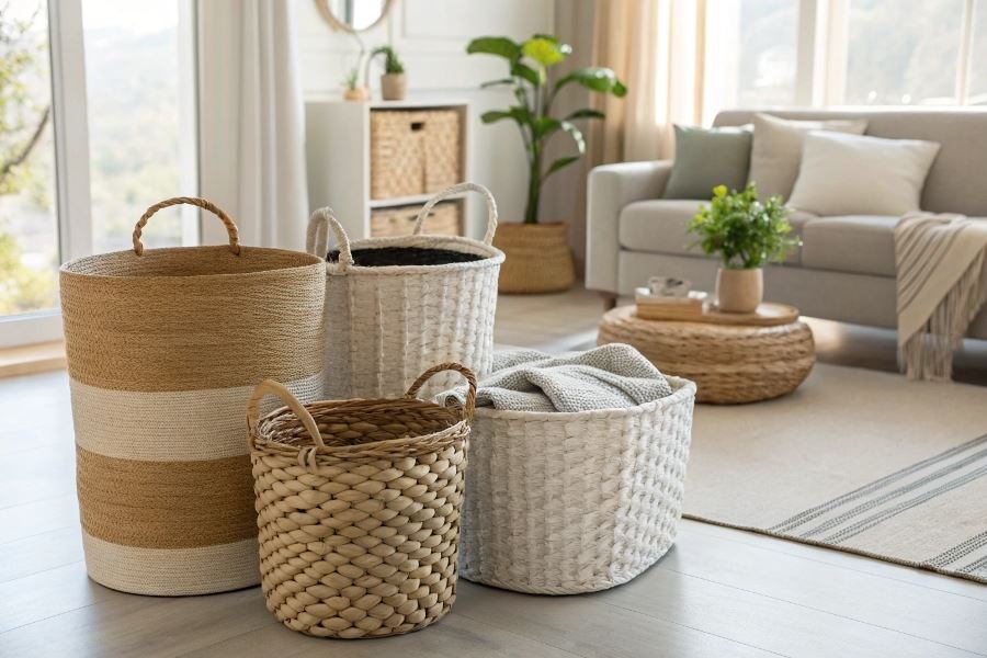 1371-decorative-baskets-functional-storage-art Interyerdagi saqlash uchun dekorativ savatchalar tanlash sirlari